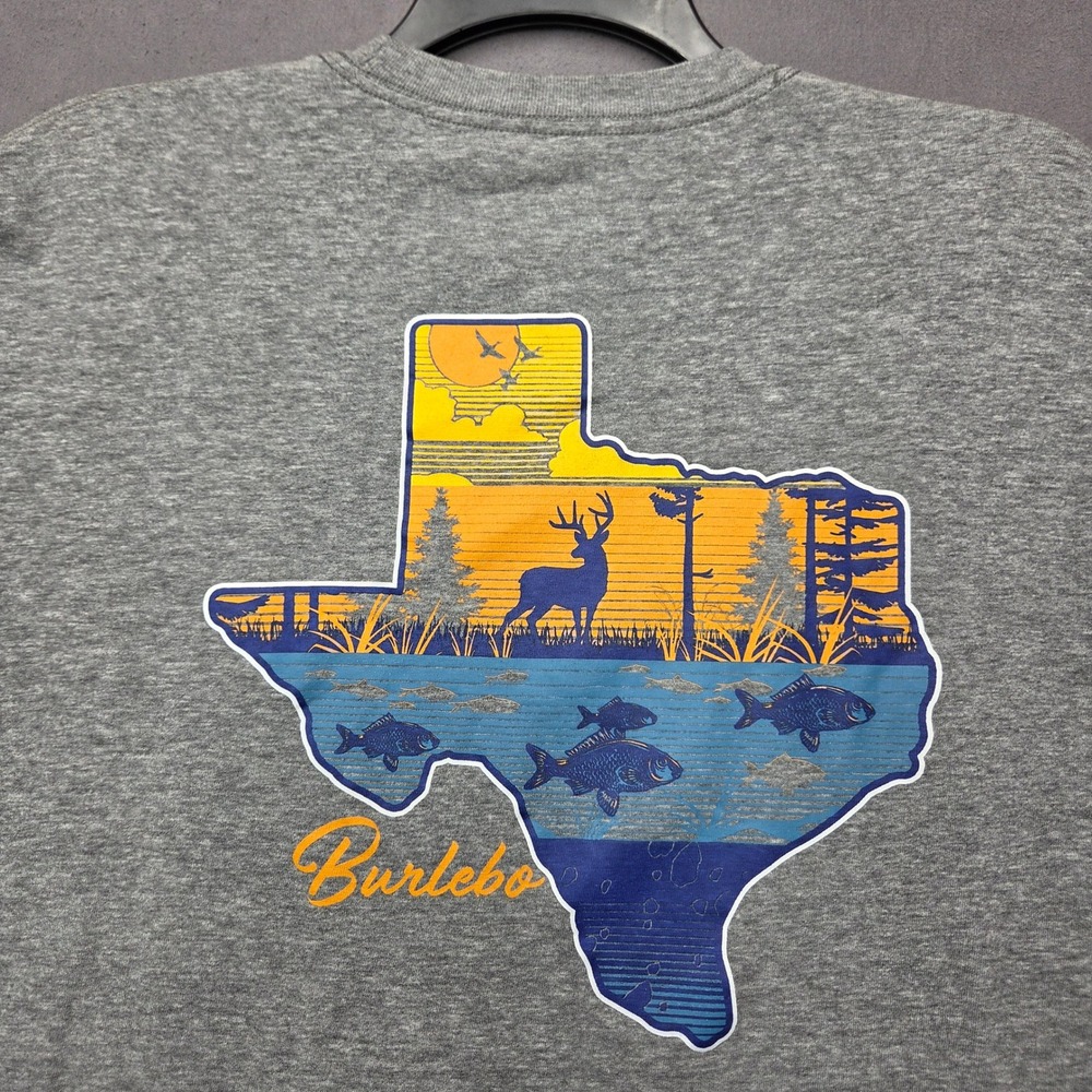 Burlebo Mens Size Large Texas Deer Fish Scenic Long Sleeve Pocket T-Shirt Gray